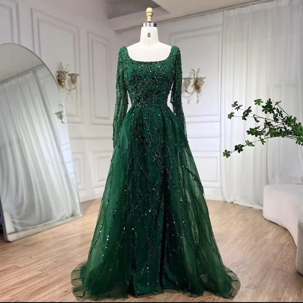 New Emerald Green Beaded Overskirt Long Sleeve Evening Gown